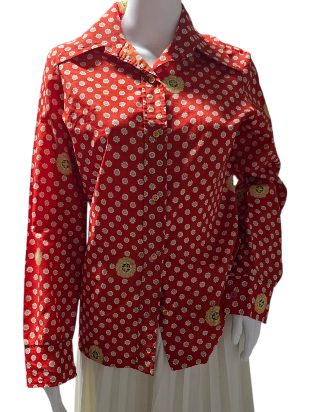 VTG 70s Lady Manhattan Le Soft Shirt Red Daisy Dagger Collar Retro L